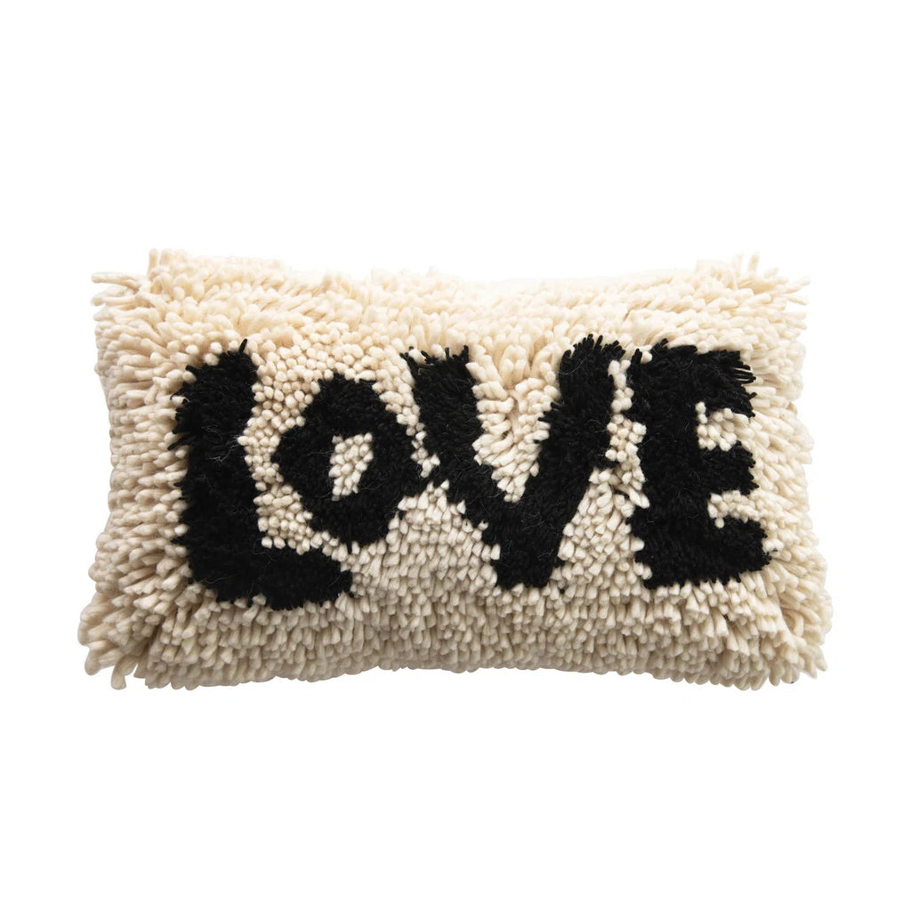 Woven Wool Shag Lumbar Pillow with "Love" Design