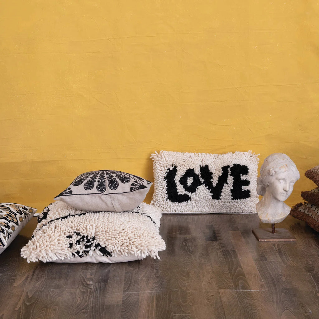 Woven Wool Shag Lumbar Pillow with "Love" Design