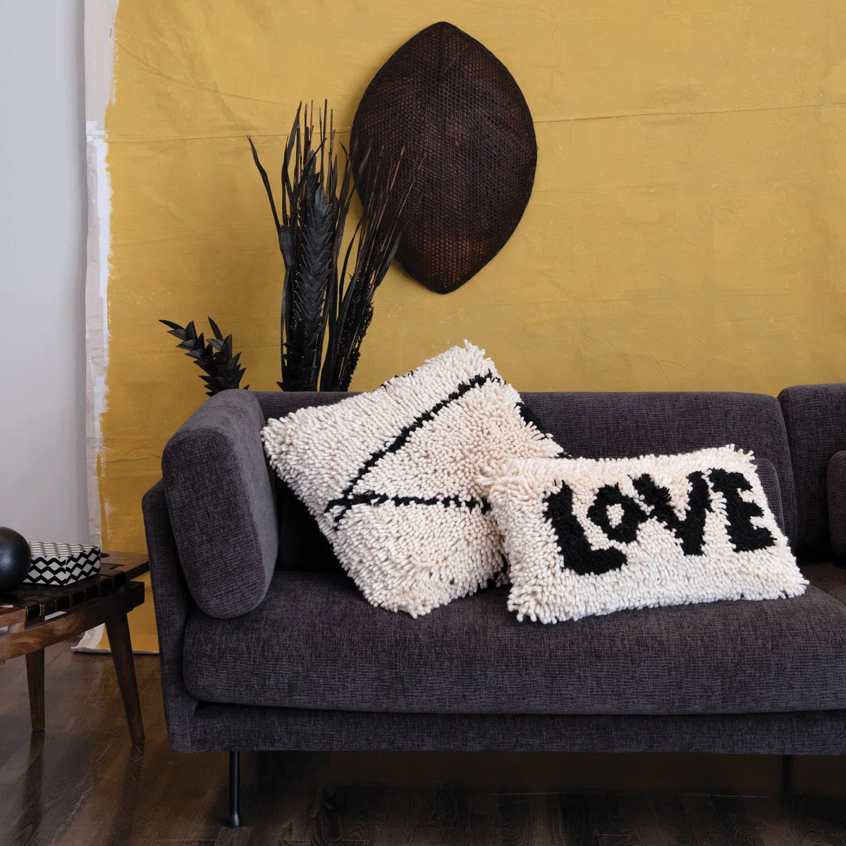 Woven Wool Shag Lumbar Pillow with "Love" Design