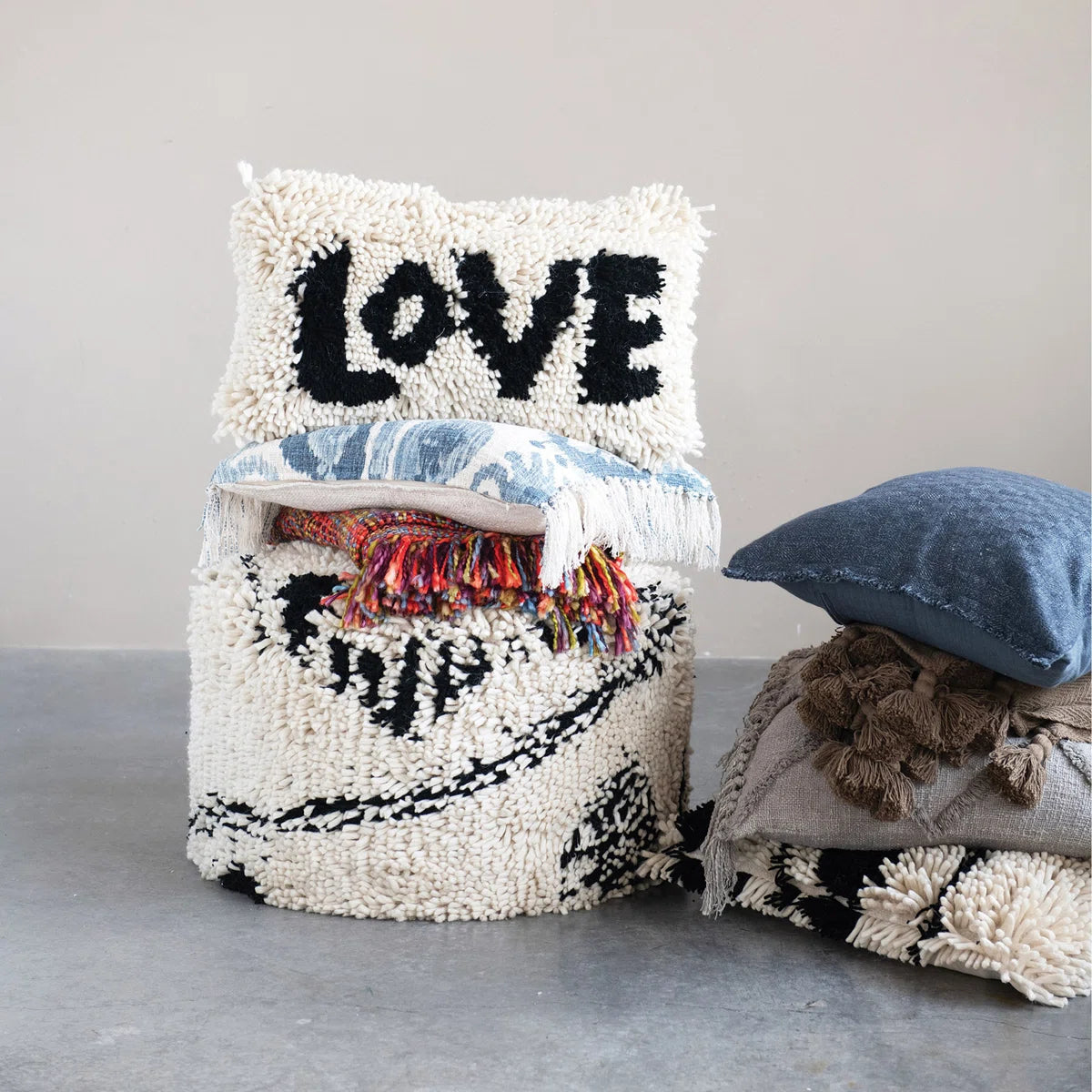 Woven Wool Shag Lumbar Pillow with "Love" Design